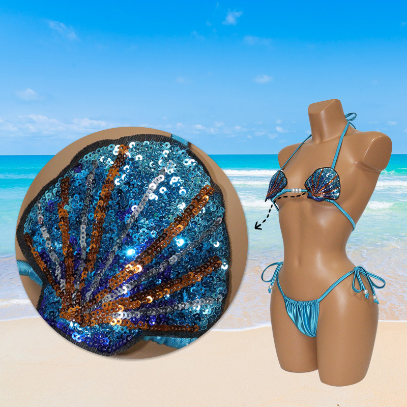 Blue Mermaid Sequin Shell Shaped Bikini Top Satin Bathing Suit Supplier