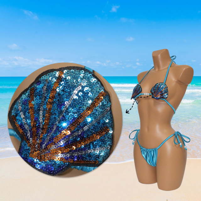 Blue Mermaid Sequin Shell Shaped Bikini Top Satin Bathing Suit Supplier