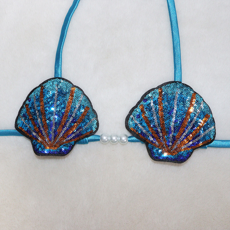 Blue Mermaid Sequin Shell Shaped Bikini Top Satin Bathing Suit Supplier