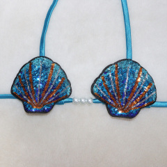 Blue Mermaid Sequin Shell Shaped Bikini Top Satin Bathing Suit Supplier