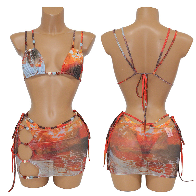 3 Piece Beaded Mesh Printed Bikini Set with Cover Up Exporter