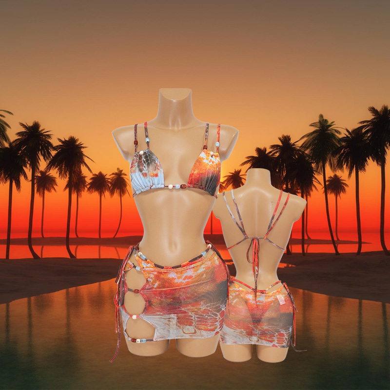 3 Piece Beaded Mesh Printed Bikini Set with Cover Up Exporter