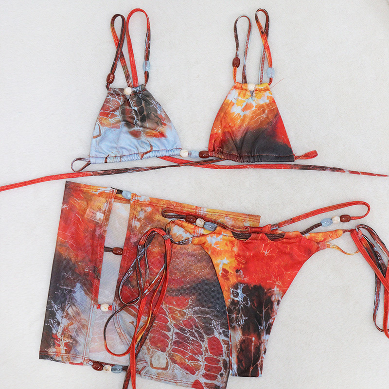 3 Piece Beaded Mesh Printed Bikini Set with Cover Up Exporter