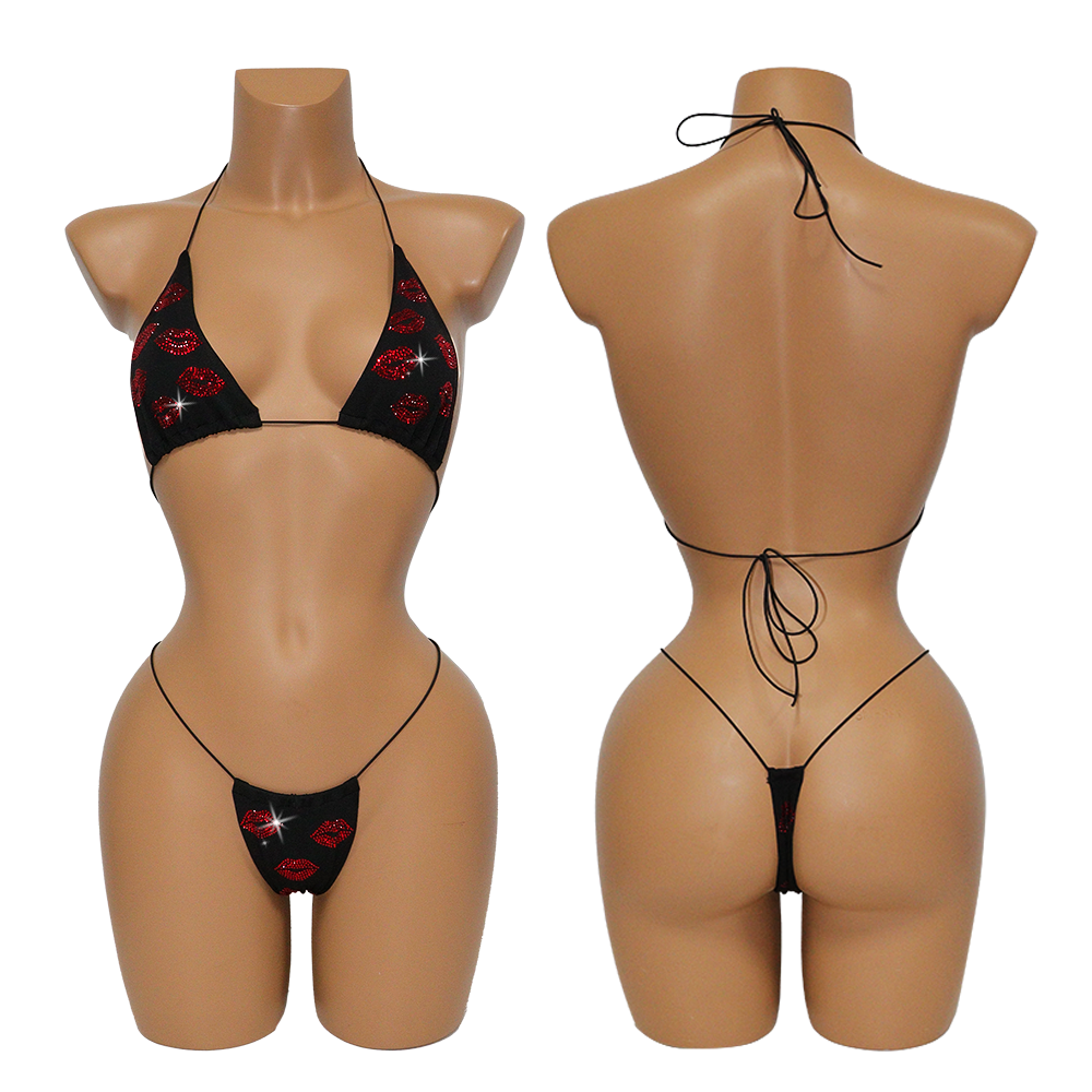 Sexy Red Lip Print Rhinestone Thong Bikini for Exotic Stripper Dancewear Exporter