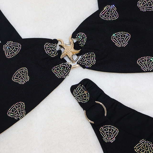 Black Rhinestone Shell Bathing Suit for Pool Party Wear Factory