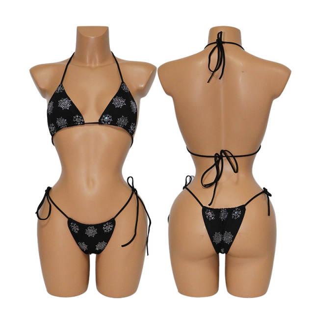 Bling Black Diamond Snowflake Triangle Stripper Bathing Suit Wholesale