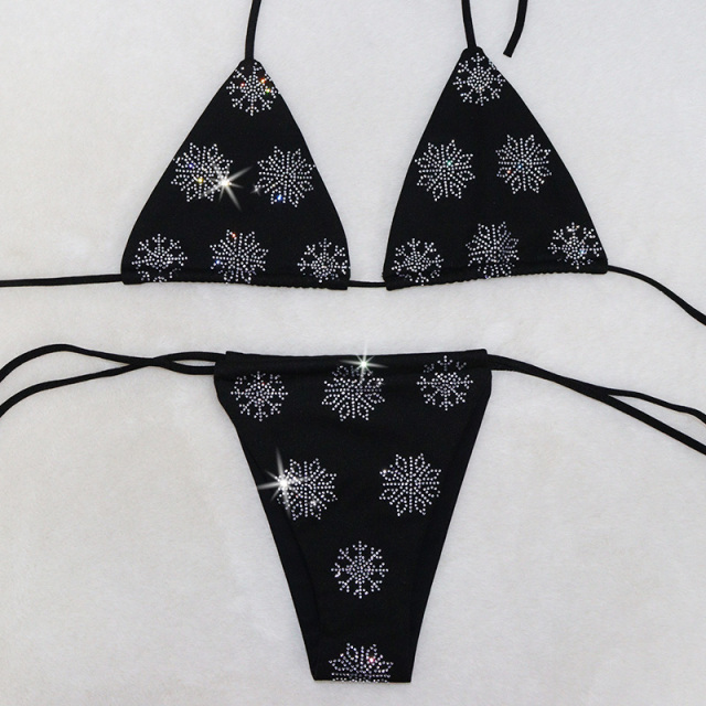 Bling Black Diamond Snowflake Triangle Stripper Bathing Suit Wholesale
