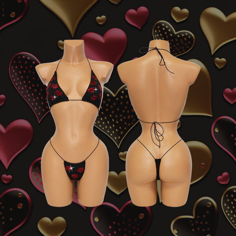 Sexy Red Lip Print Rhinestone Thong Bikini for Exotic Stripper Dancewear Exporter