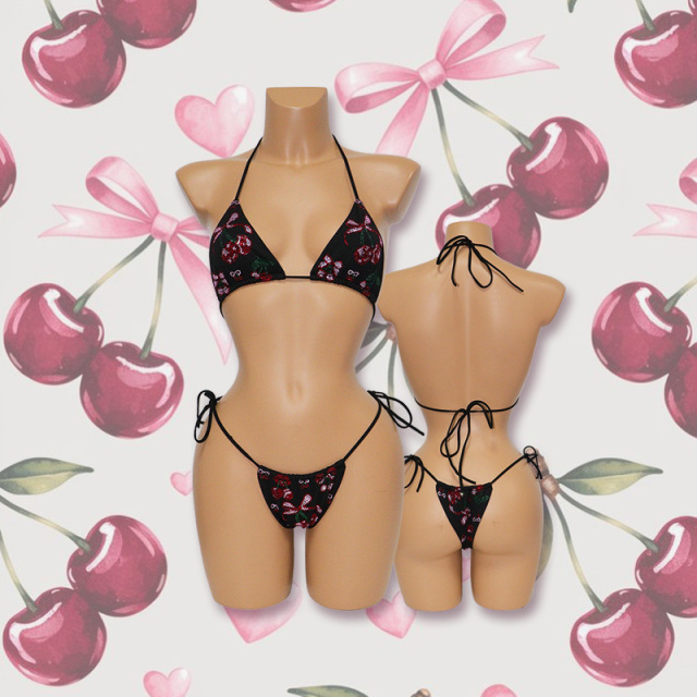 Black Hotfix Cherry Rhinestone Bikini for Exotic Pole Wear Supplier