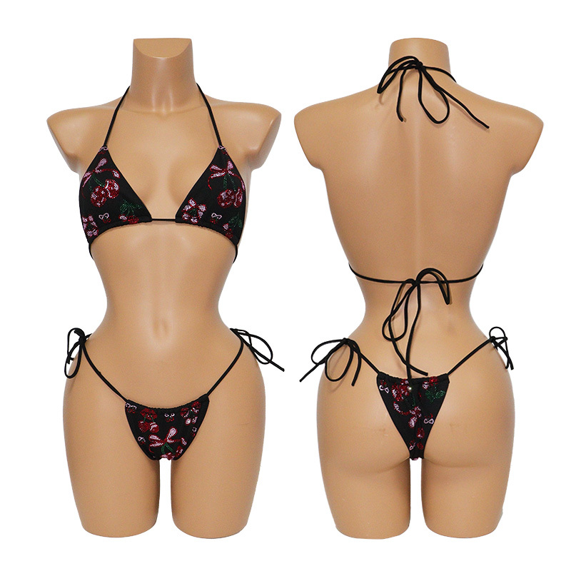 Black Hotfix Cherry Rhinestone Bikini for Exotic Pole Wear Supplier