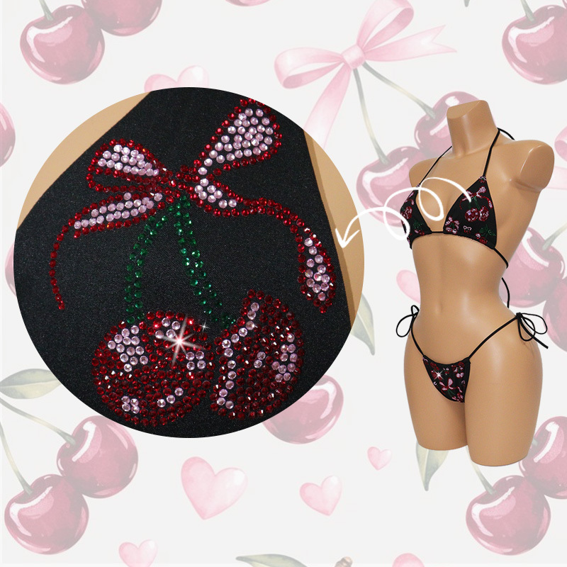 Black Hotfix Cherry Rhinestone Bikini for Exotic Pole Wear Supplier