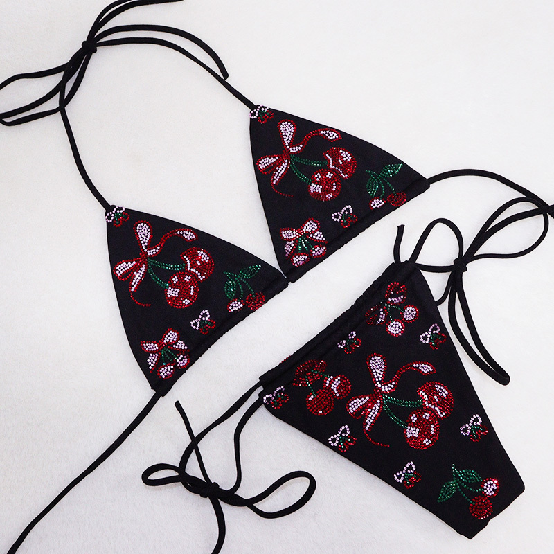 Black Hotfix Cherry Rhinestone Bikini for Exotic Pole Wear Supplier