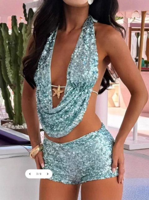 Pink Sequin Deep V Backless Vest Top Wholesale