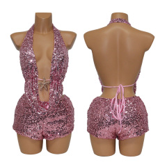Pink Sequin Deep V Backless Vest Top Wholesale