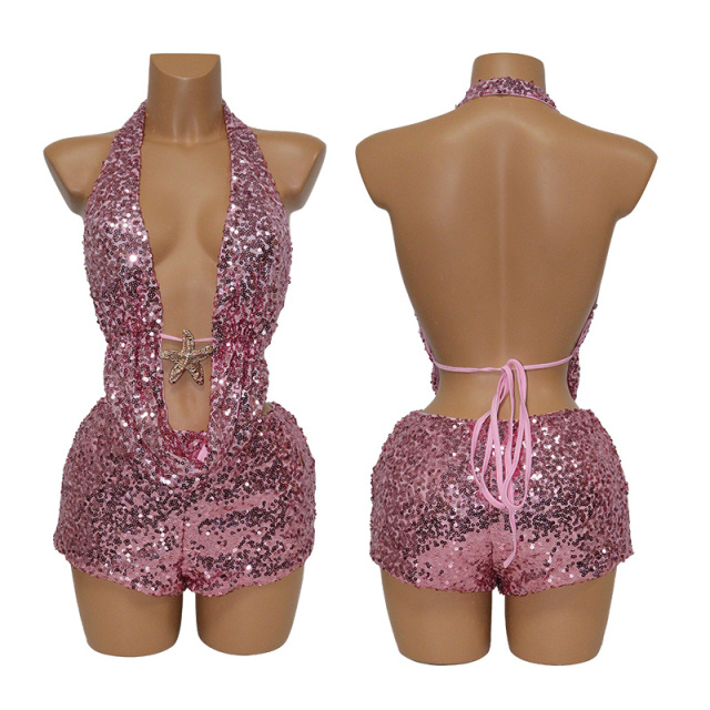 Pink Sequin Deep V Backless Vest Top Wholesale