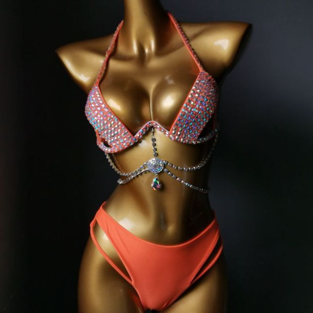 Ladies Sexy Crystal Hollow Out Carnival Outfits with Tassel Chain Exporter