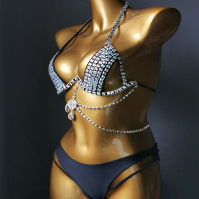 Ladies Sexy Crystal Hollow Out Carnival Outfits with Tassel Chain Exporter
