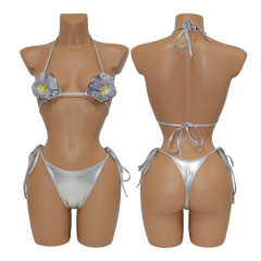 Sexy Two Pieces PU Bathing Suit with Beaded Flower Exotic Dancer Costumes Manufacturer