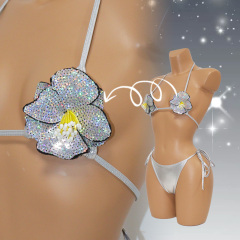 Sexy Two Pieces PU Bathing Suit with Beaded Flower Exotic Dancer Costumes Manufacturer