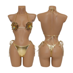 Sexy Two Pieces PU Bathing Suit with Beaded Flower Exotic Dancer Costumes Manufacturer