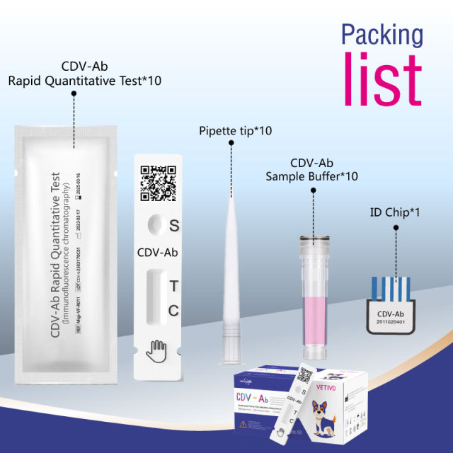 Test Rapidi CDV-Ab (FIA) | Test quantitativo rapido degli anticorpi del virus del cimurro canino (CDV-Ab) | VETIVD™ CDV-Ab 10 minuti per ottenere i risultati