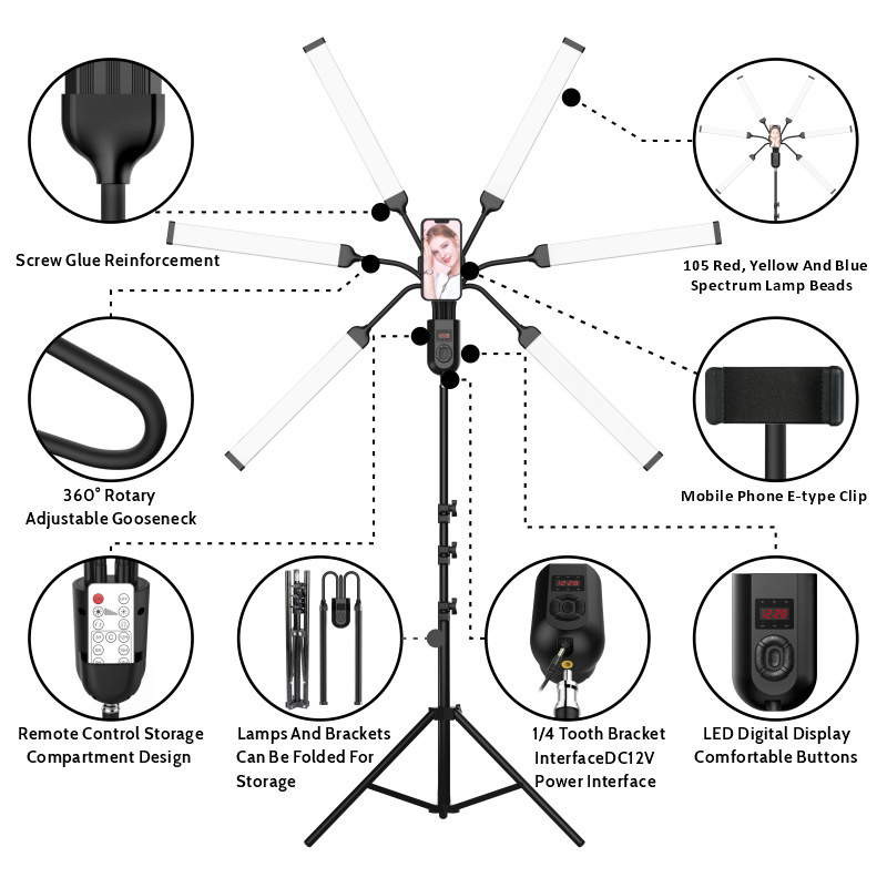 INSCINEVATIVE SUNFLOWER  Foldable six-arm live broadcast light fill light internet celebrity selfie beauty light LED photography lamp mobile phone live broadcast stand