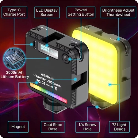 SR-W64RGB 2500-9000K Mini RGB Video Magnetic LED Light with 3 Cold Shoe 2000mAh Rechargeable Battery with +Tablet Clamp