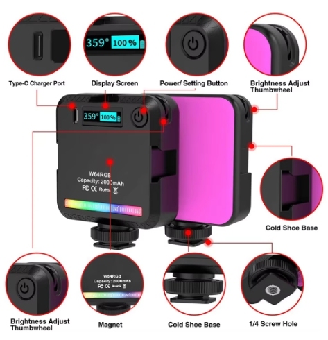 SR-W64RGB 2500-9000K Mini RGB Video Magnetic LED Light with 3 Cold Shoe 2000mAh Rechargeable Battery with +Tablet Clamp