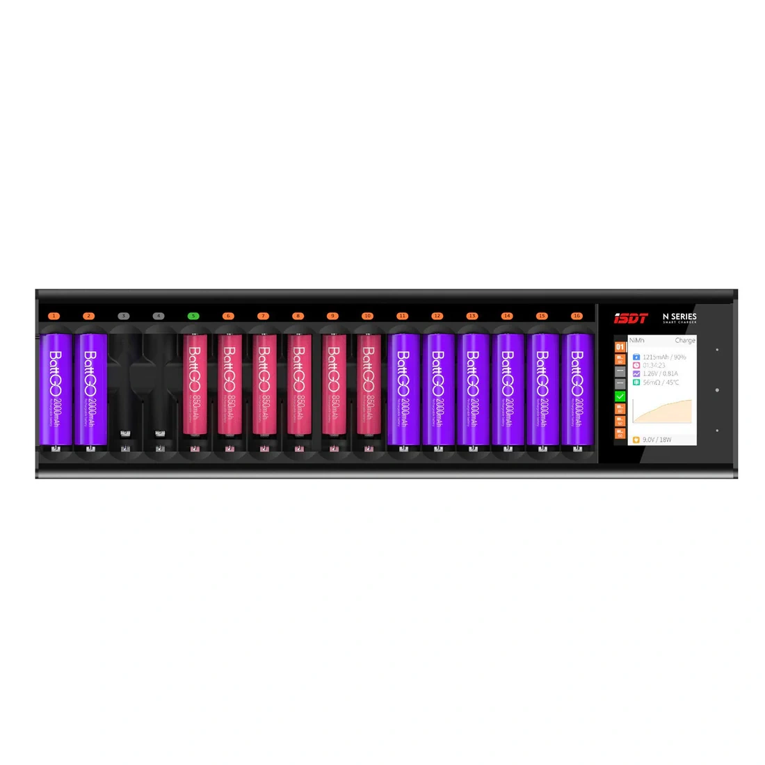 ISDT N16 16-Slot Universal Battery Charger Fast Charger Rechargeable AA AAA Li-ion LiHv Ni-MH Ni-Cd Nizn LiFePO4 Type-C QC3.0