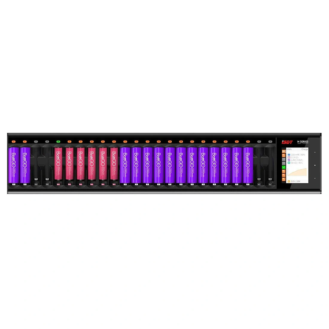 ISDT N24 24-Slot Universal Battery Charger Fast Charger LCD Display for Rechargeable AA AAA Li-ion LiHv Ni-MH Ni-Cd Nizn QC3.0