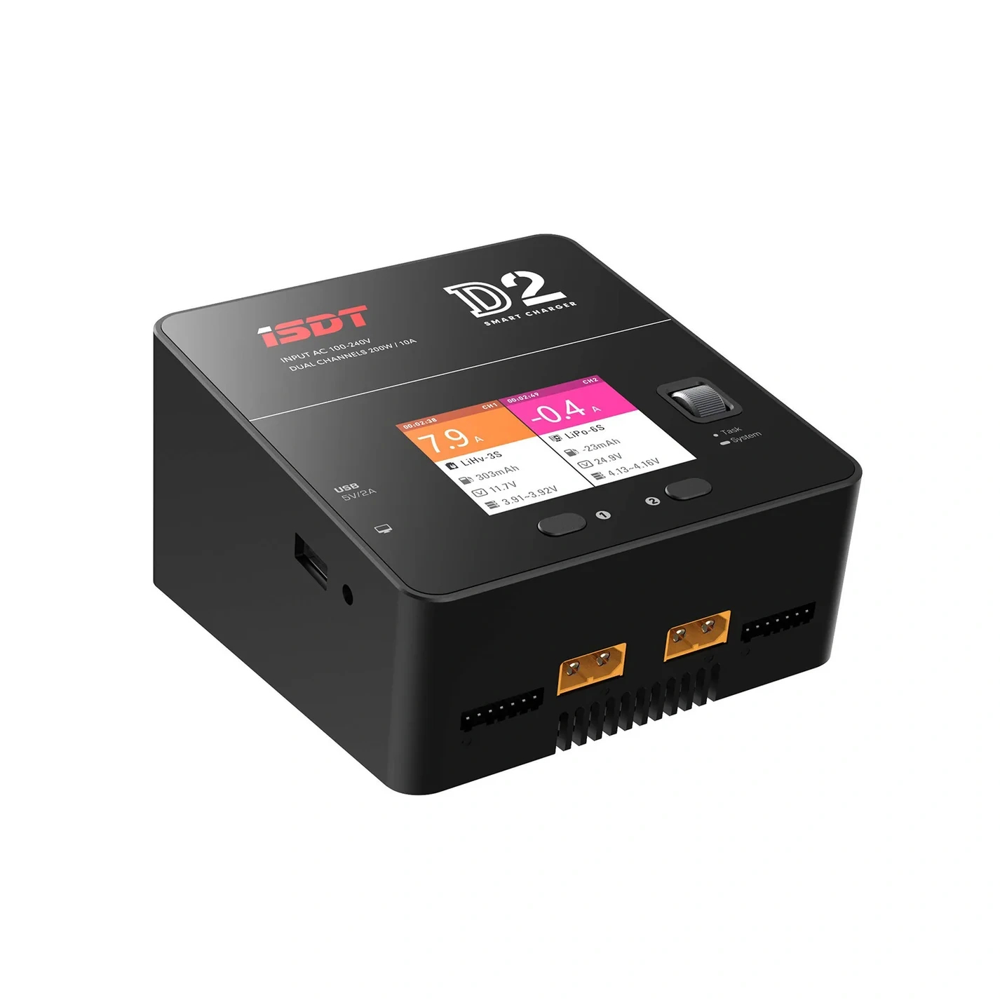 ISDT D2 Mark 2 200W 12A Dual Channel AC 1-6S Smart Battery Output Charger for Drones Dual Discharger PB LiPo Li-ion Made Plastic
