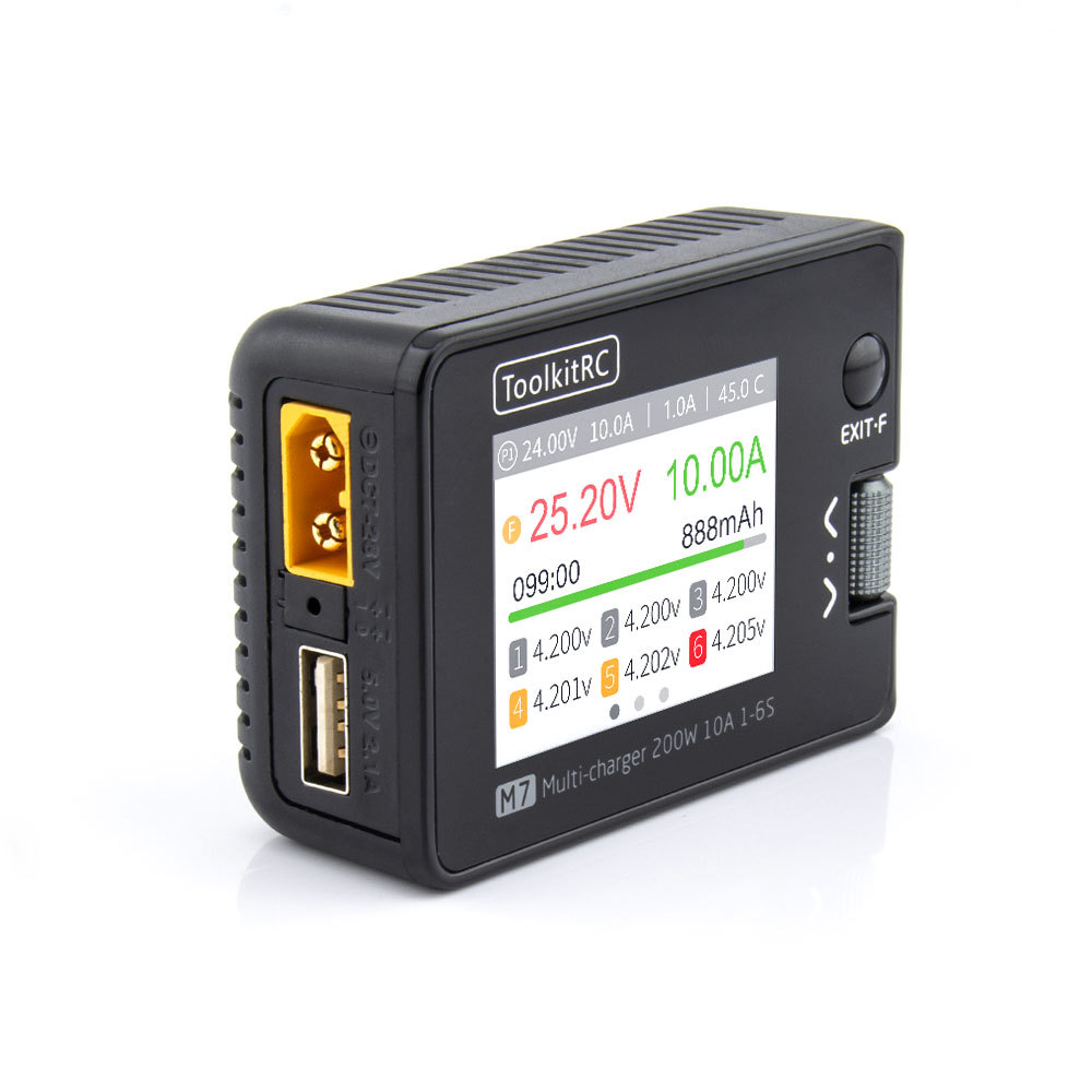 ToolkitRC M7 200W 10A DC Balance Charger Discharger ESC Signal Tester 1-6S Lipo Battery Plastic Construction Drones Accessory
