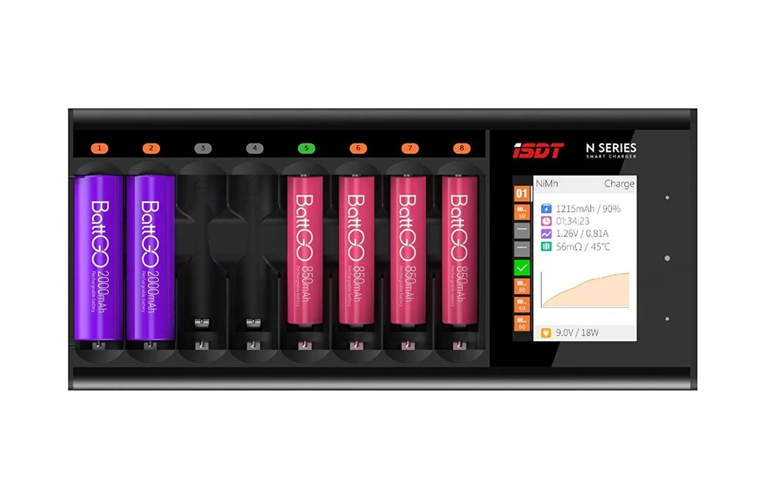 ISDT N8 8-Slot Universal Battery Charger Fast LCD Display 15W for Rechargeable AA AAA Li-ion LiHv Ni-MH Ni-Cd Nizn LiFePO4