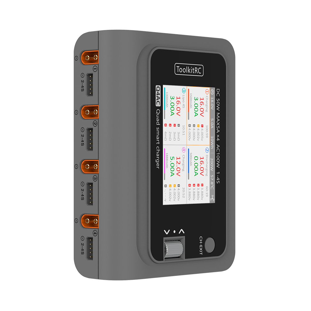 ToolkitRC Q4AC 4x50W 5A 1-4S Lipo AC 100W DC Smart Lithium Battery Balance Charger 4 Port DC Smart Discharger Drones Accessories