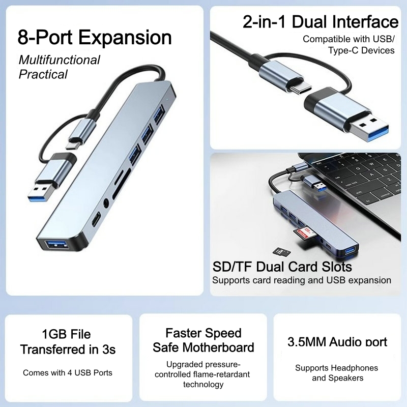 8-IN-1 Aluminum Alloy USB Hubs