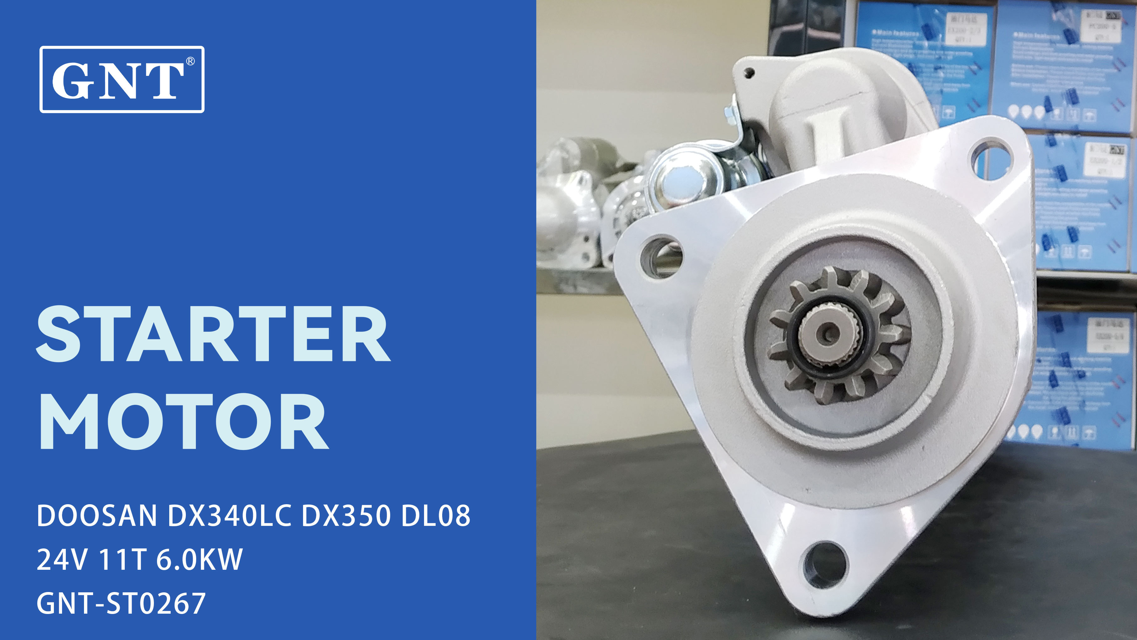 24V 11T GNT Starter Motor compatible with DOOSAN Excavator DX340LC DL08 Engine 65262017077 65262017073C 65262017077A