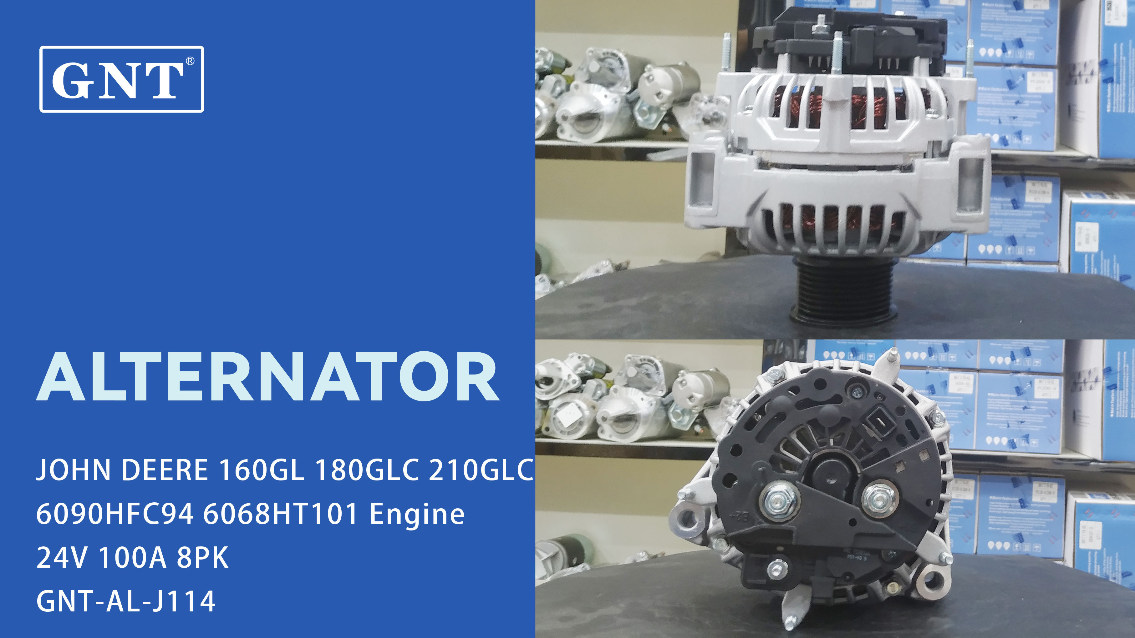 24V 100A GNT Alternator compatible with JOHN DEERE 6090HFC94 Engine 0124655081 0124655189 0124655190 11205186 AAN3217 AT488138 RE538241 RE558676 SE502563