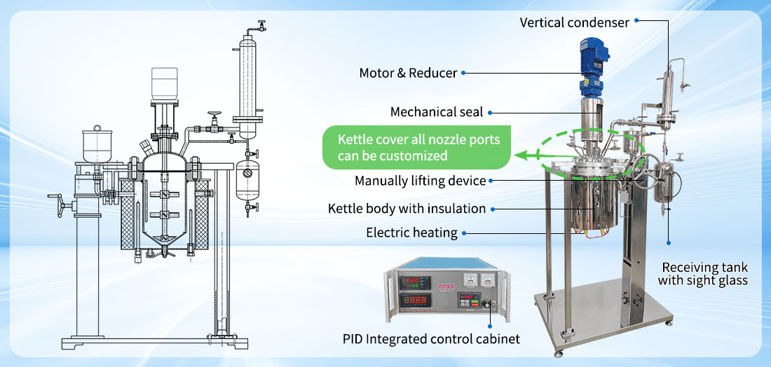 Picture of the 10L stainless steel  manually lifting  lab reactor structure