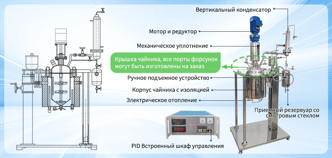 Изображение структуры лабораторного реактора 10L из нержавеющей стали с ручным подъемом