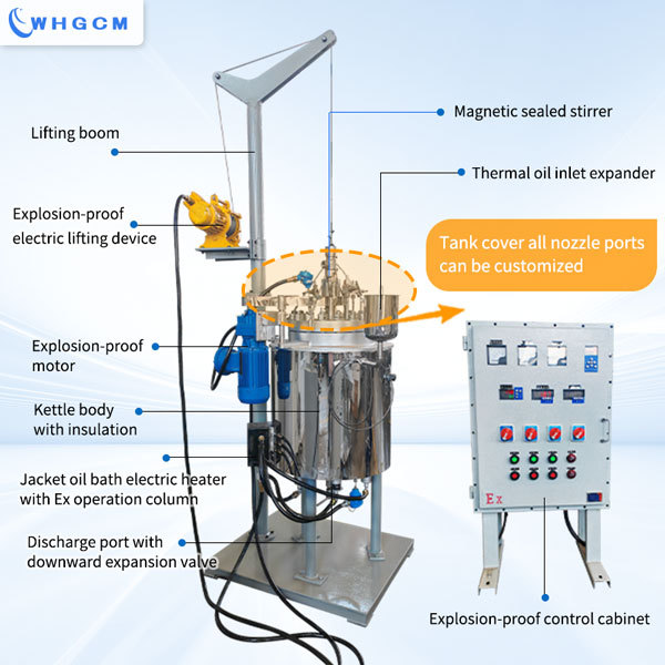 50L Explosion-proof Jacketed Heating Stainless Steel Reactor with electrical lifting device for easy operation