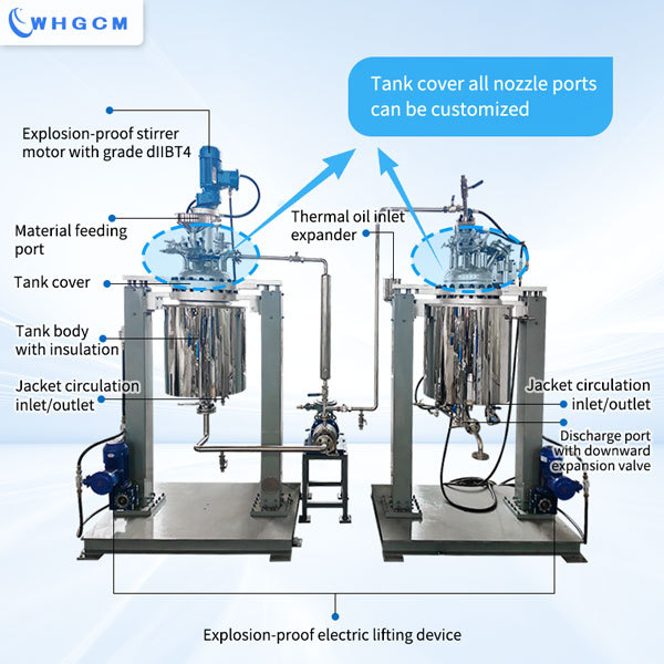 Stainless steel reactor system consisting of a 65L crystallisation reactor and a 70L dosing reactor