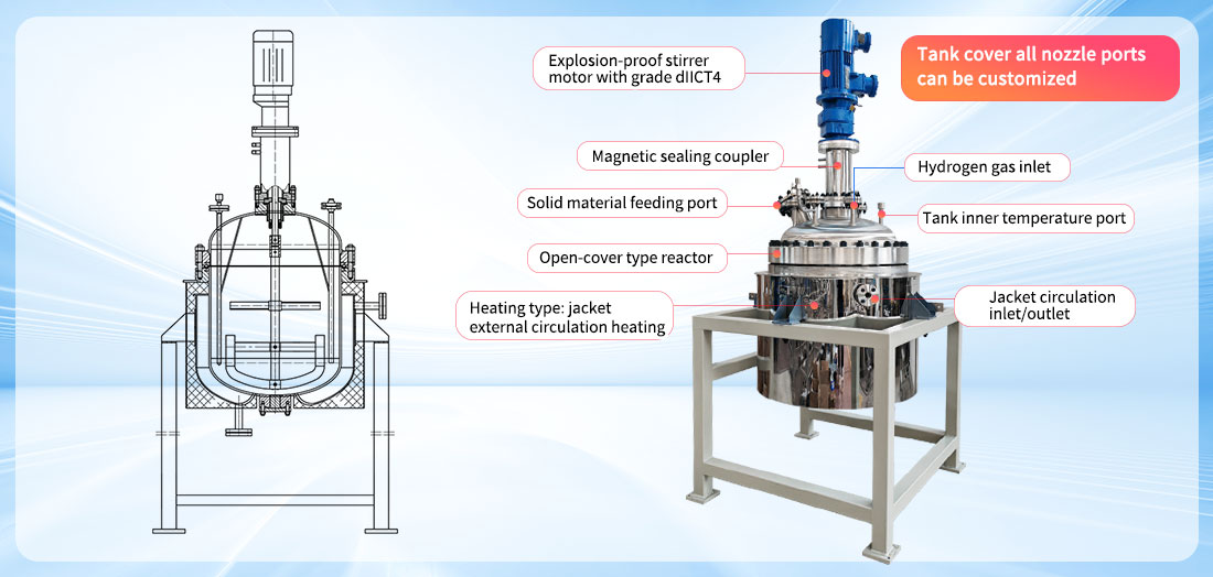 Picture of the  200L Jacket Heating Stainless Steel SS316L Hydrogenation Reactor structure