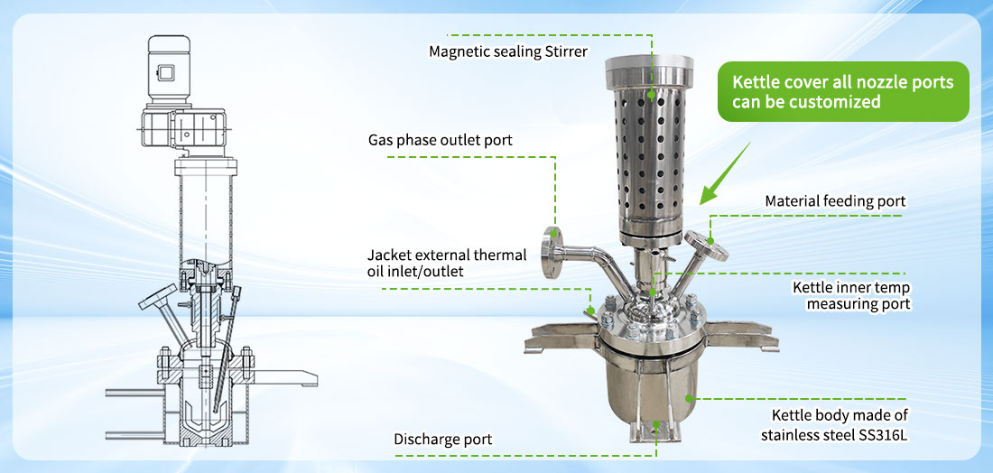 Picture of the 2.5L HighTemperature Stainless Steel Jacketed Chemical Reactor structure