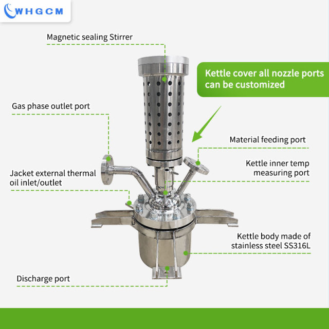 WHGCM 2.5L HighTemperature Stainless Steel Jacketed Chemical Reactor with Magnetic Sealing Stirrer Coupler