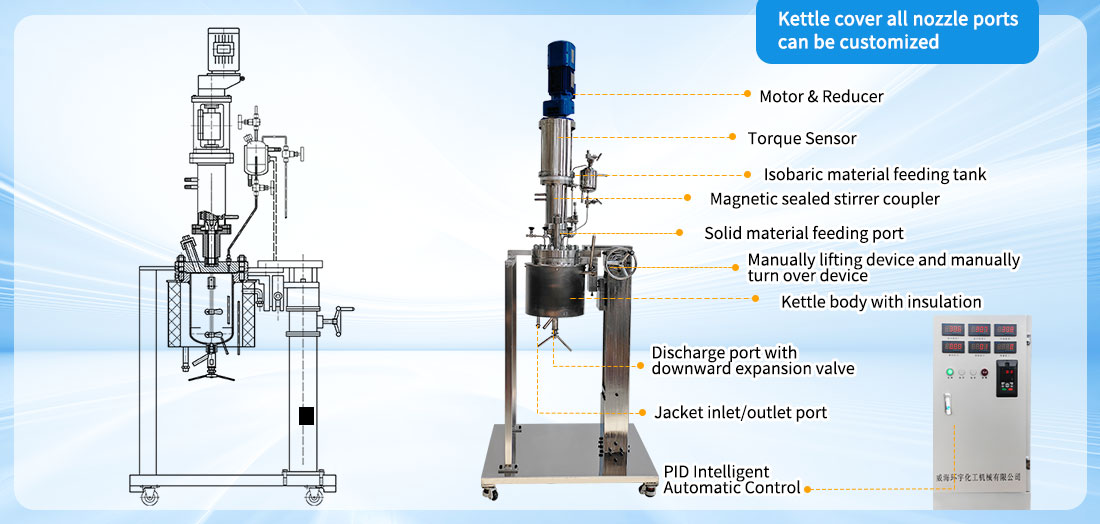 Picture of the  5L Stainless Steel Chemical Continuous Stirred Tank Reactor structure