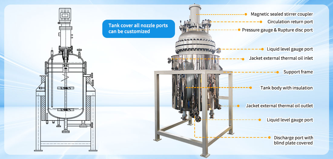 Picture of the 500L High Temperature Stainless Steel Jacketed Hydrometallurgy Reactor structure 