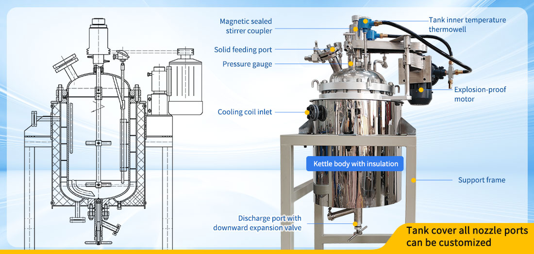 Picture of the 50L High Temperature Stainless Steel Jacket Heating Reactor structure