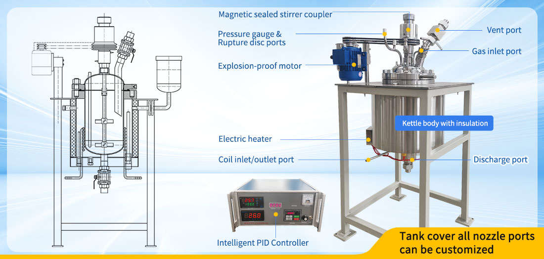 Picture of the  8L Magnetic Sealed High Temperature Stainless Steel Lab Chemical Reactor structure