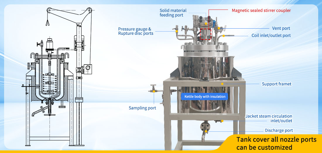 Picture of the 50L Stainless Steel Steam Jacket Heating High Pressure Hydrogenation Reactor structure