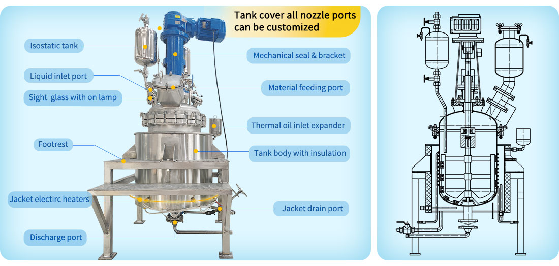 Picture of the 150L Stainless Steel SS316L Thermal oil bath Electric Heating Pressure Tank Reactor structure